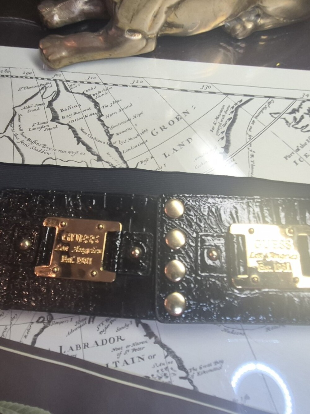 GUESS Black Croc-Embossed Belt with Gold Plaques and Studs